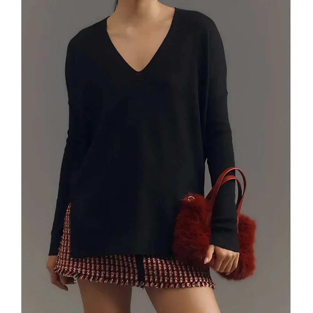 Maeve By Anthropologie V-Neck Pullover Sweater Black Side Slits  Size M